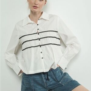 NWOT Free People White Button-Down Shirt with Black Lace Trim